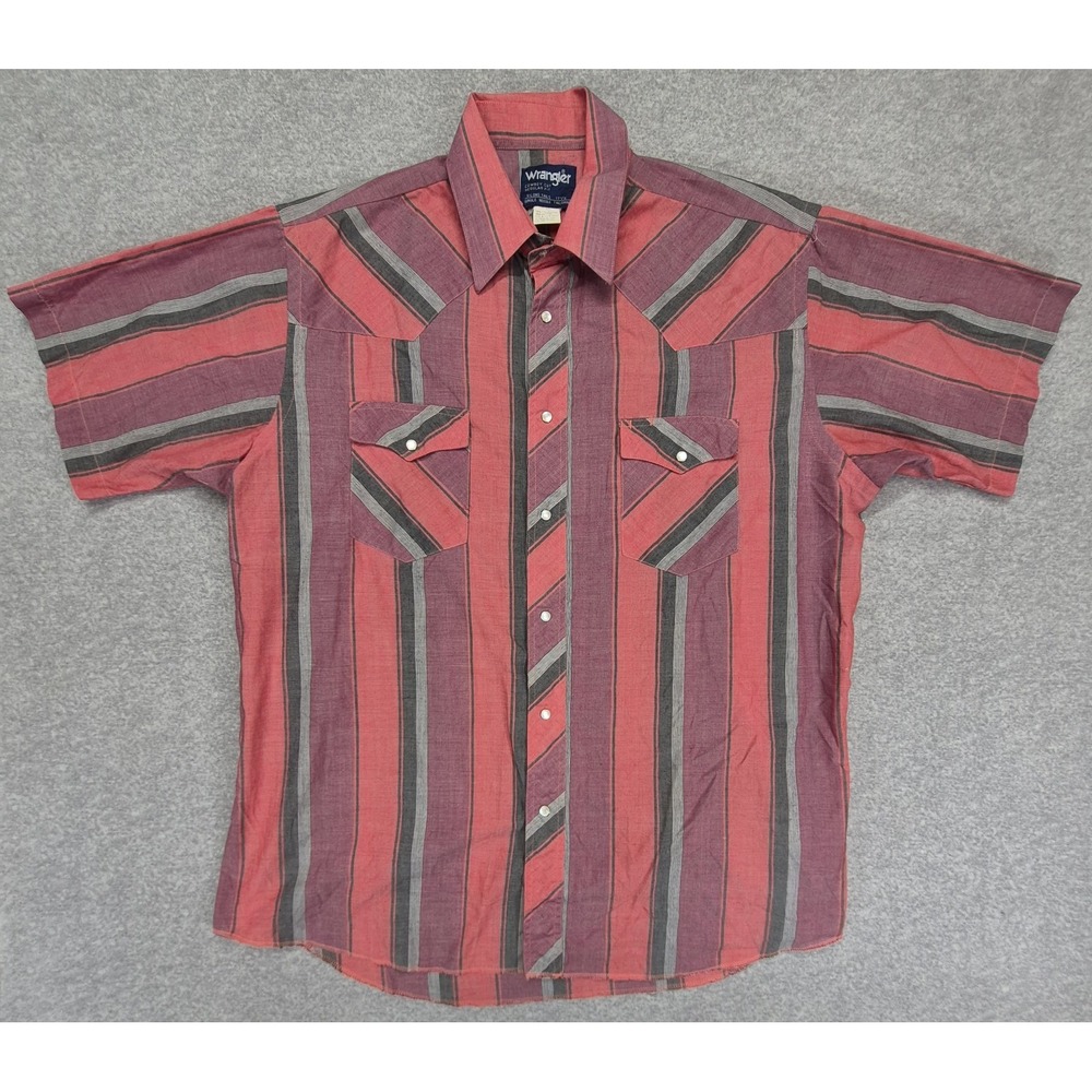 Vintage Wrangler Cowboy Cut Shirt Men 17.5 Maroon Regular Fit Pearl Snap Western